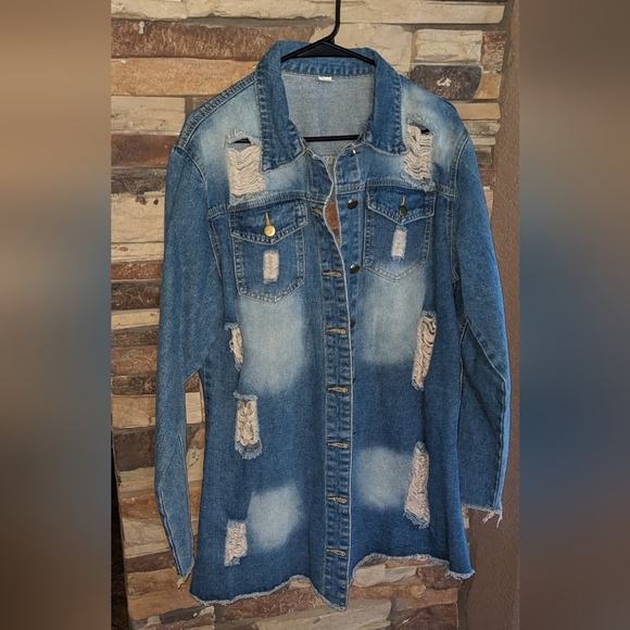 Jackets & Blazers - Distressed Long Denim Jacket With Unique Ripped Design On Back